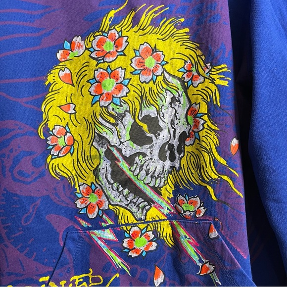 ED HARDY ROYAL BLUE BLONDE HAIR FLOWERS SKULL TATTOO SWEATSHIRT HOODIE SWEATER - Picture 3 of 8